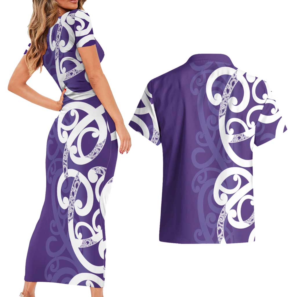 Violet Green Maori Couples Matching Short Sleeve Bodycon Dress and Hawaiian Shirt Koru Kowhaiwhai - Aussie Hoodie