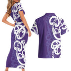 Violet Green Maori Couples Matching Short Sleeve Bodycon Dress and Hawaiian Shirt Koru Kowhaiwhai - Aussie Hoodie
