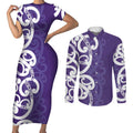 Violet Green Maori Couples Matching Short Sleeve Bodycon Dress and Long Sleeve Button Shirt Koru Kowhaiwhai - Aussie Hoodie