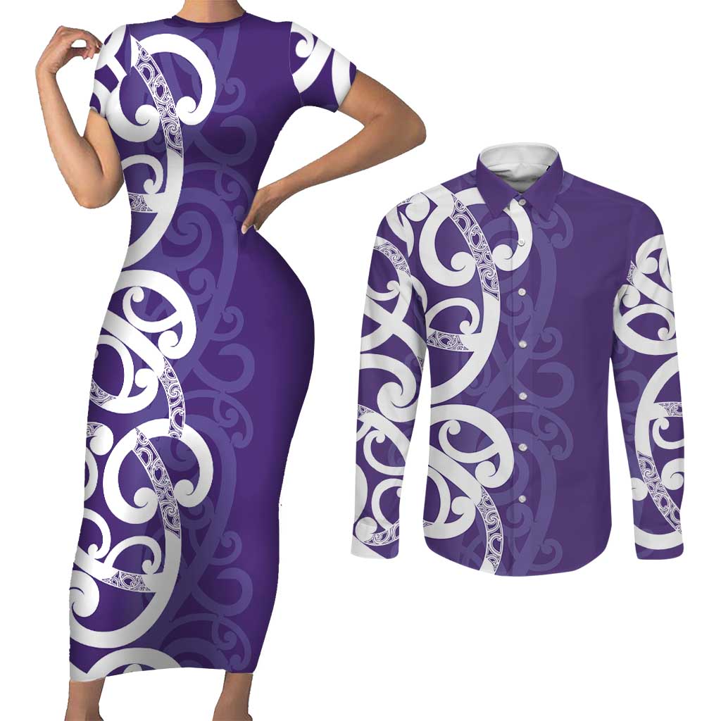 Violet Green Maori Couples Matching Short Sleeve Bodycon Dress and Long Sleeve Button Shirt Koru Kowhaiwhai - Aussie Hoodie