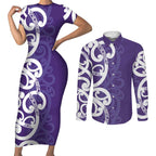 Violet Green Maori Couples Matching Short Sleeve Bodycon Dress and Long Sleeve Button Shirt Koru Kowhaiwhai - Aussie Hoodie