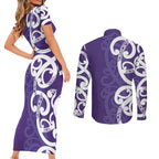 Violet Green Maori Couples Matching Short Sleeve Bodycon Dress and Long Sleeve Button Shirt Koru Kowhaiwhai - Aussie Hoodie
