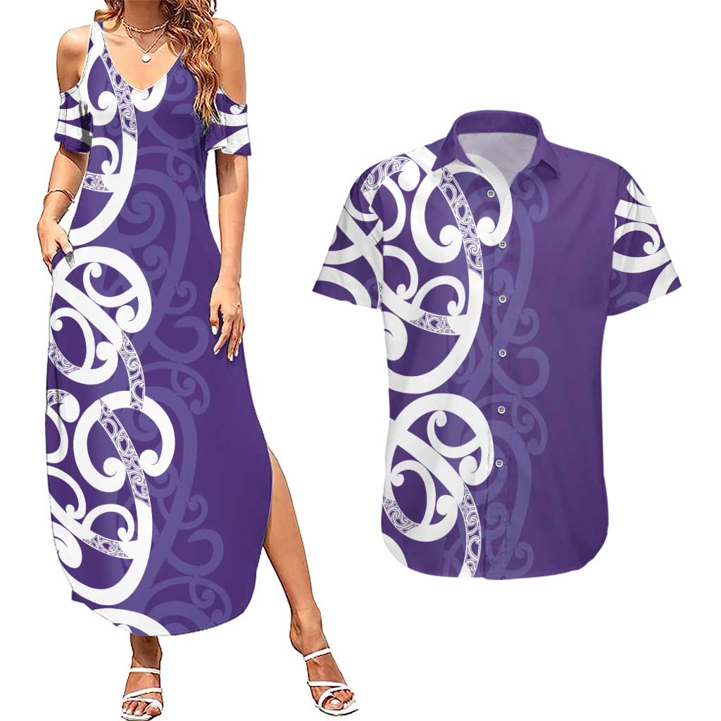 Violet Green Maori Couples Matching Summer Maxi Dress and Hawaiian Shirt Koru Kowhaiwhai - Aussie Hoodie