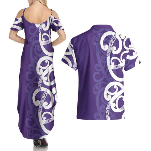 Violet Green Maori Couples Matching Summer Maxi Dress and Hawaiian Shirt Koru Kowhaiwhai - Aussie Hoodie