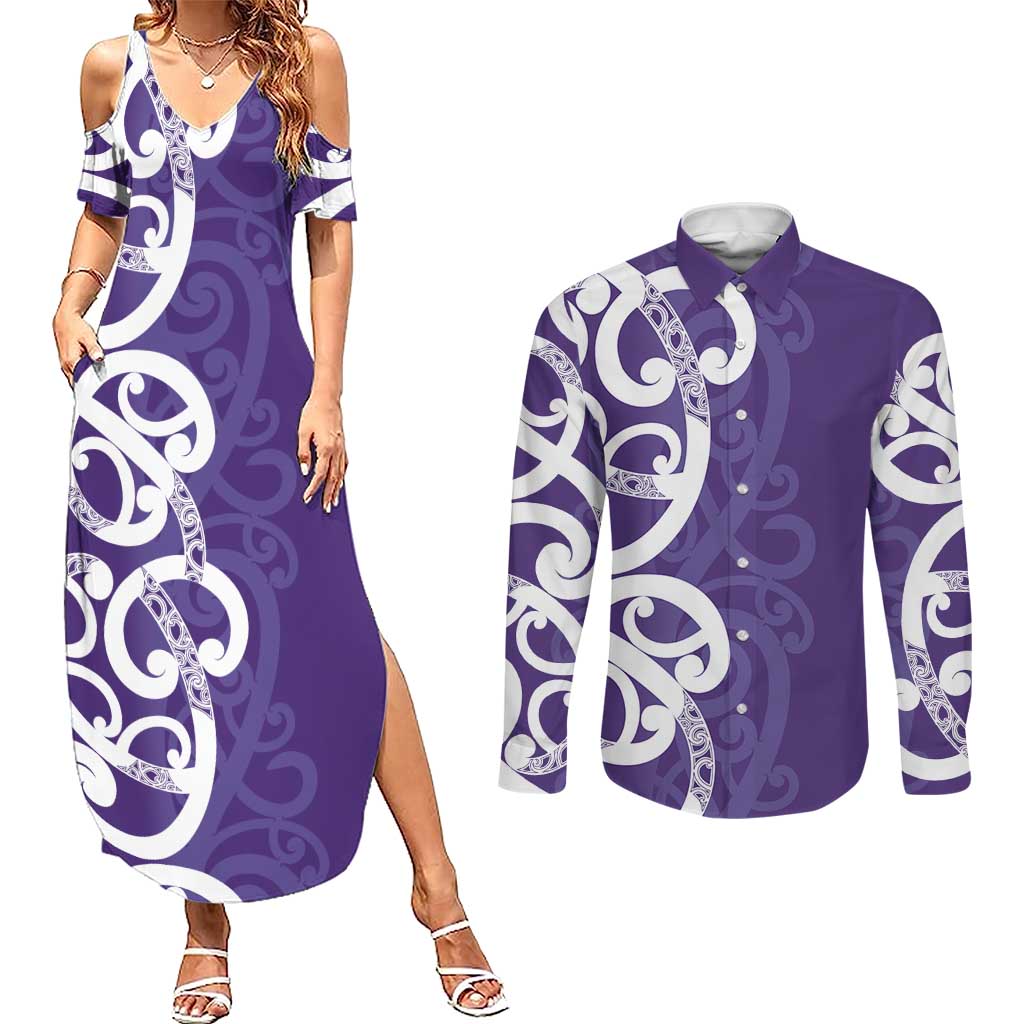 Violet Green Maori Couples Matching Summer Maxi Dress and Long Sleeve Button Shirt Koru Kowhaiwhai - Aussie Hoodie