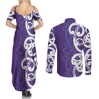 Violet Green Maori Couples Matching Summer Maxi Dress and Long Sleeve Button Shirt Koru Kowhaiwhai - Aussie Hoodie