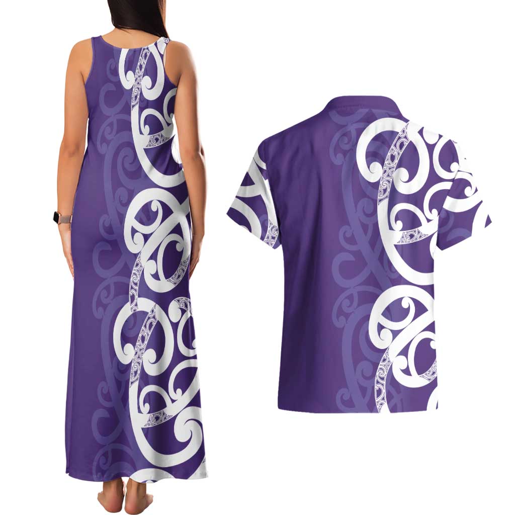 Violet Green Maori Couples Matching Tank Maxi Dress and Hawaiian Shirt Koru Kowhaiwhai - Aussie Hoodie