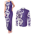 Violet Green Maori Couples Matching Tank Maxi Dress and Long Sleeve Button Shirt Koru Kowhaiwhai - Aussie Hoodie