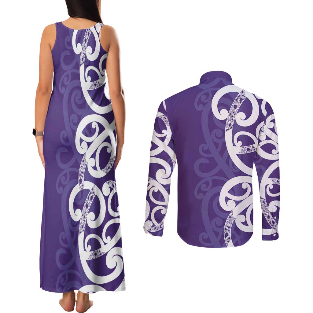 Violet Green Maori Couples Matching Tank Maxi Dress and Long Sleeve Button Shirt Koru Kowhaiwhai - Aussie Hoodie