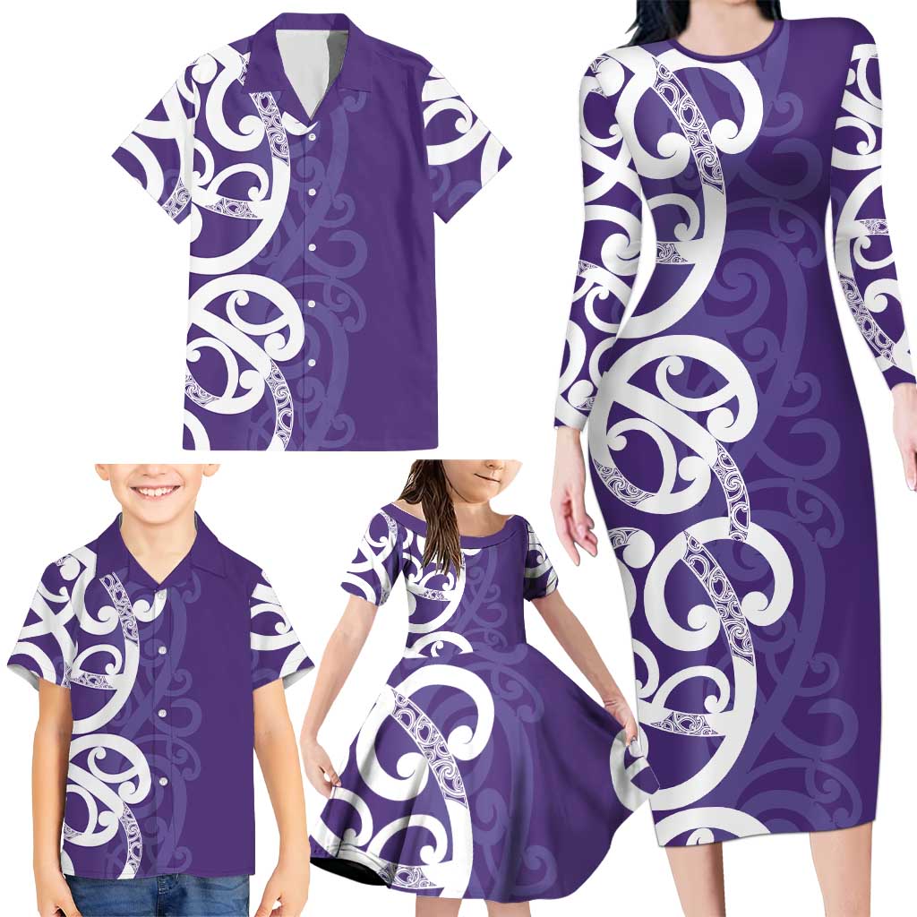 Violet Green Maori Family Matching Long Sleeve Bodycon Dress and Hawaiian Shirt Koru Kowhaiwhai - Aussie Hoodie