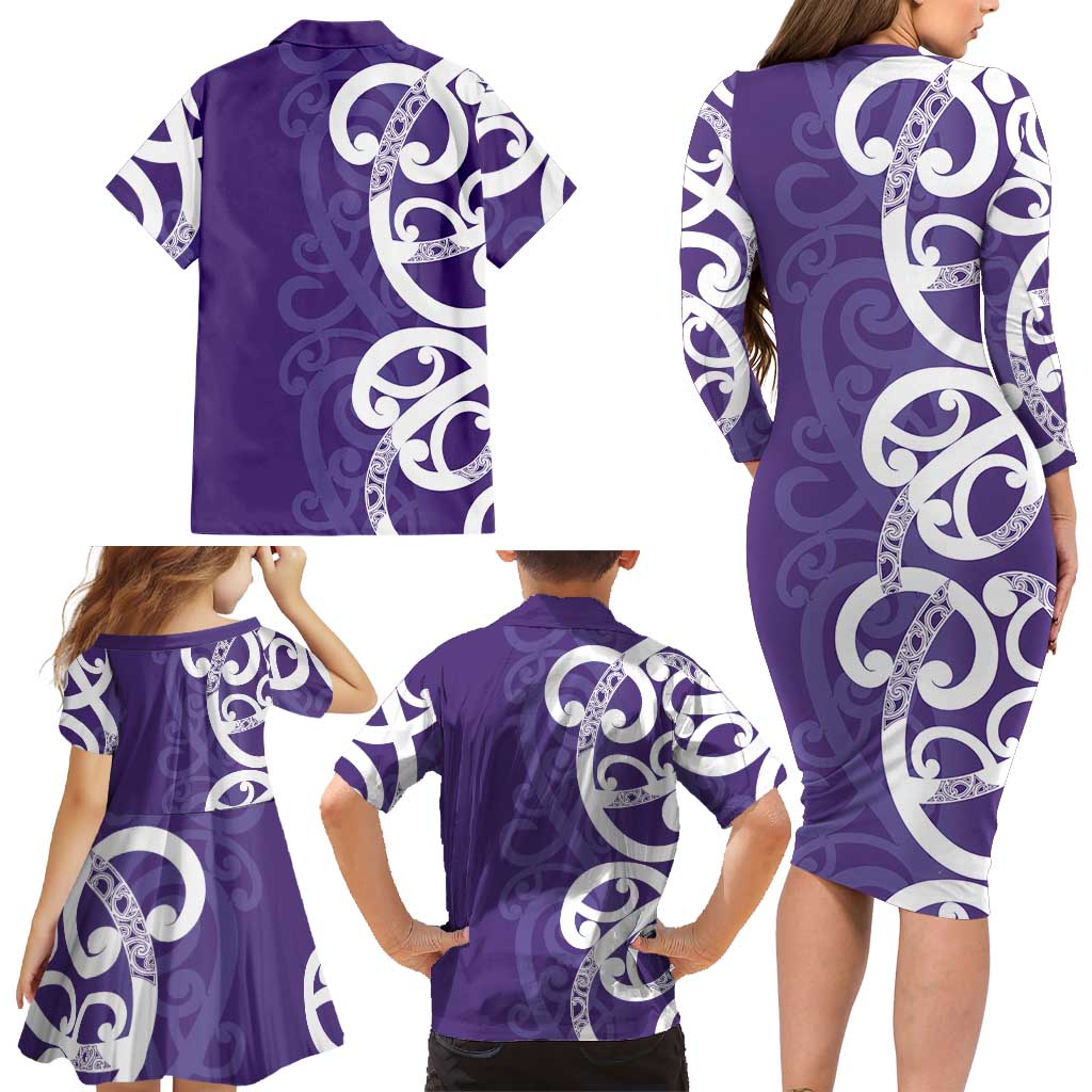 Violet Green Maori Family Matching Long Sleeve Bodycon Dress and Hawaiian Shirt Koru Kowhaiwhai - Aussie Hoodie