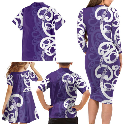 Violet Green Maori Family Matching Long Sleeve Bodycon Dress and Hawaiian Shirt Koru Kowhaiwhai - Aussie Hoodie