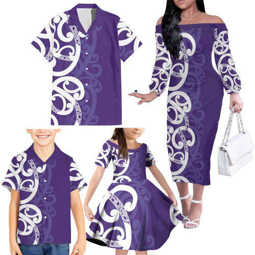 Violet Green Maori Family Matching Off The Shoulder Long Sleeve Dress and Hawaiian Shirt Koru Kowhaiwhai - Aussie Hoodie