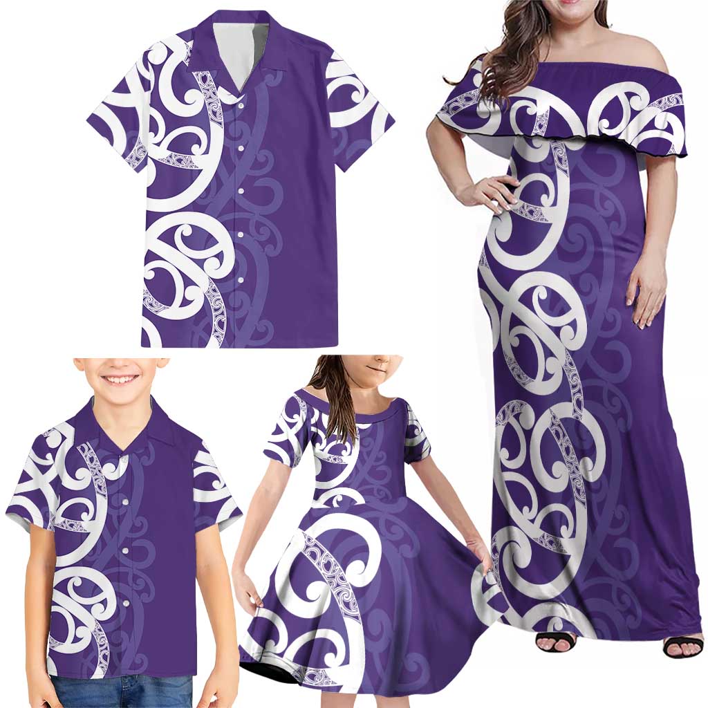 Violet Green Maori Family Matching Off Shoulder Maxi Dress and Hawaiian Shirt Koru Kowhaiwhai - Aussie Hoodie