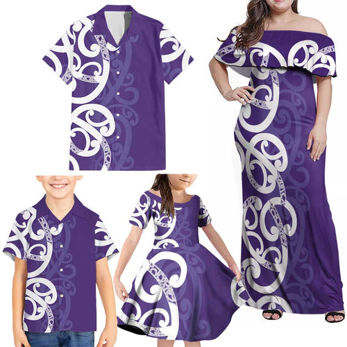 Violet Green Maori Family Matching Off Shoulder Maxi Dress and Hawaiian Shirt Koru Kowhaiwhai - Aussie Hoodie