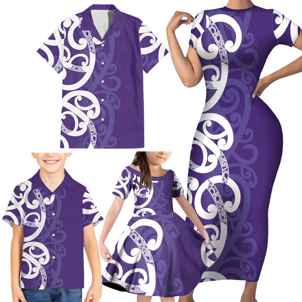 Violet Green Maori Family Matching Short Sleeve Bodycon Dress and Hawaiian Shirt Koru Kowhaiwhai - Aussie Hoodie