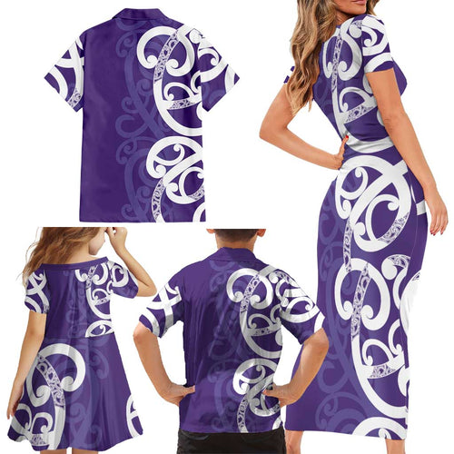 Violet Green Maori Family Matching Short Sleeve Bodycon Dress and Hawaiian Shirt Koru Kowhaiwhai - Aussie Hoodie