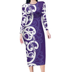 Violet Green Maori Long Sleeve Bodycon Dress Koru Kowhaiwhai - Aussie Hoodie