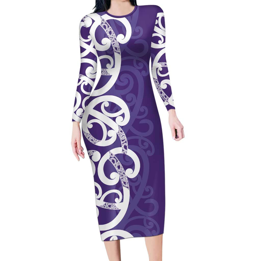 Violet Green Maori Long Sleeve Bodycon Dress Koru Kowhaiwhai - Aussie Hoodie