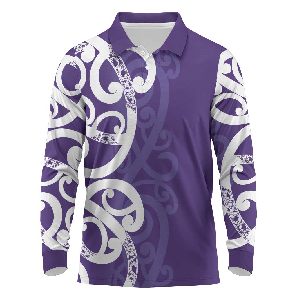 Violet Green Maori Long Sleeve Polo Shirt Koru Kowhaiwhai - Aussie Hoodie