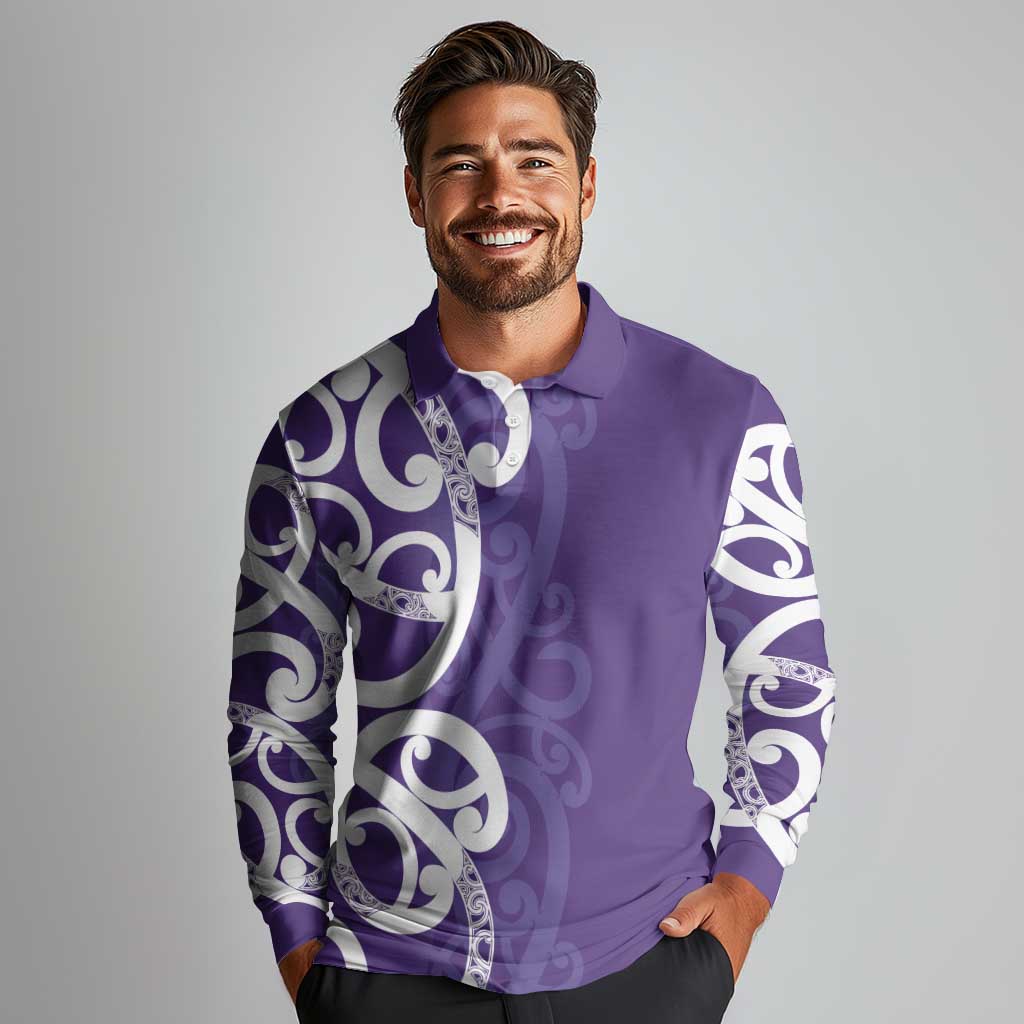 Violet Green Maori Long Sleeve Polo Shirt Koru Kowhaiwhai - Aussie Hoodie