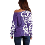 Violet Green Maori Off Shoulder Sweater Koru Kowhaiwhai - Aussie Hoodie