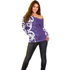 Violet Green Maori Off Shoulder Sweater Koru Kowhaiwhai - Aussie Hoodie