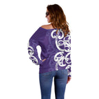 Violet Green Maori Off Shoulder Sweater Koru Kowhaiwhai - Aussie Hoodie