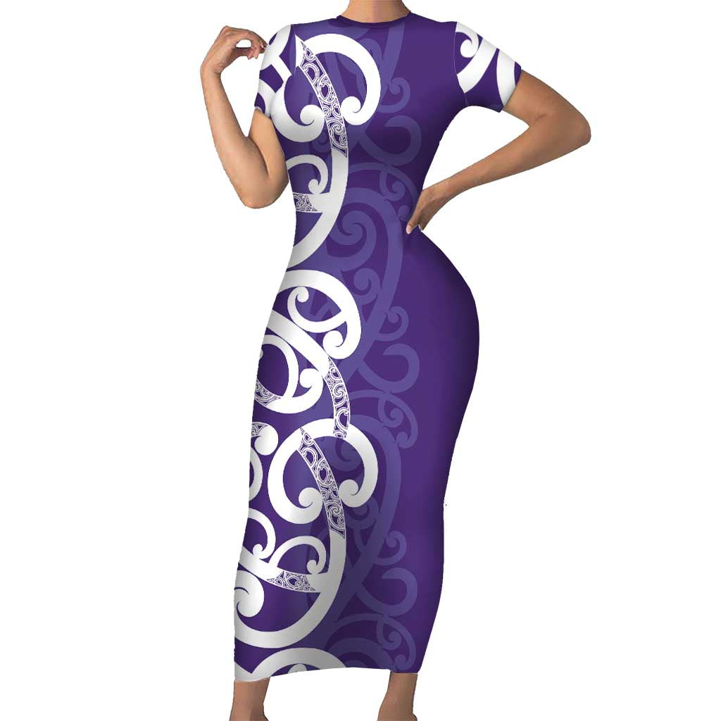 Violet Green Maori Short Sleeve Bodycon Dress Koru Kowhaiwhai - Aussie Hoodie