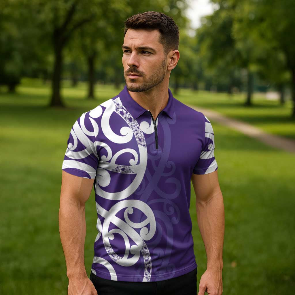 Violet Green Maori Zipper Polo Shirt Koru Kowhaiwhai - Aussie Hoodie