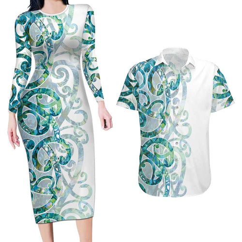 Paua Shell Maori Couples Matching Long Sleeve Bodycon Dress and Hawaiian Shirt Koru Kowhaiwhai - Aussie Hoodie