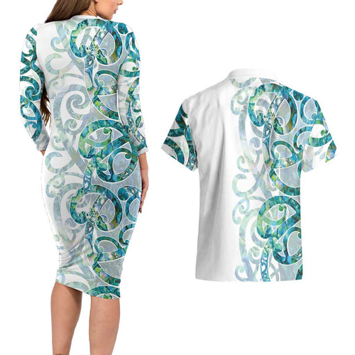 Paua Shell Maori Couples Matching Long Sleeve Bodycon Dress and Hawaiian Shirt Koru Kowhaiwhai - Aussie Hoodie