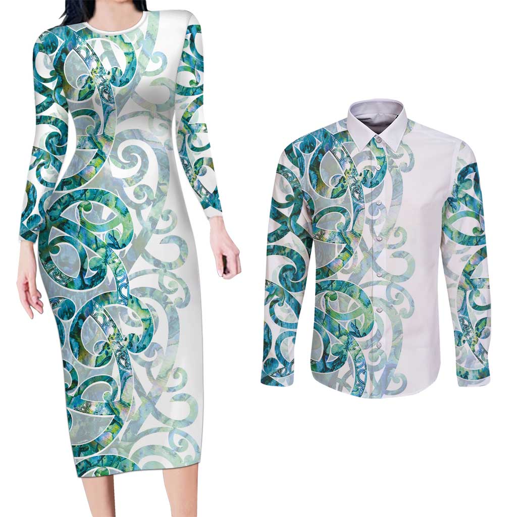 Paua Shell Maori Couples Matching Long Sleeve Bodycon Dress and Long Sleeve Button Shirt Koru Kowhaiwhai - Aussie Hoodie