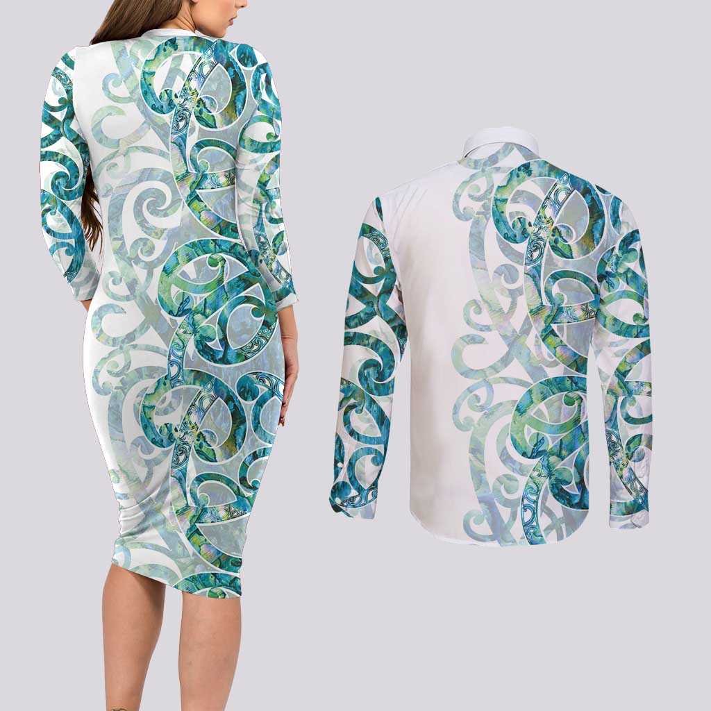 Paua Shell Maori Couples Matching Long Sleeve Bodycon Dress and Long Sleeve Button Shirt Koru Kowhaiwhai - Aussie Hoodie