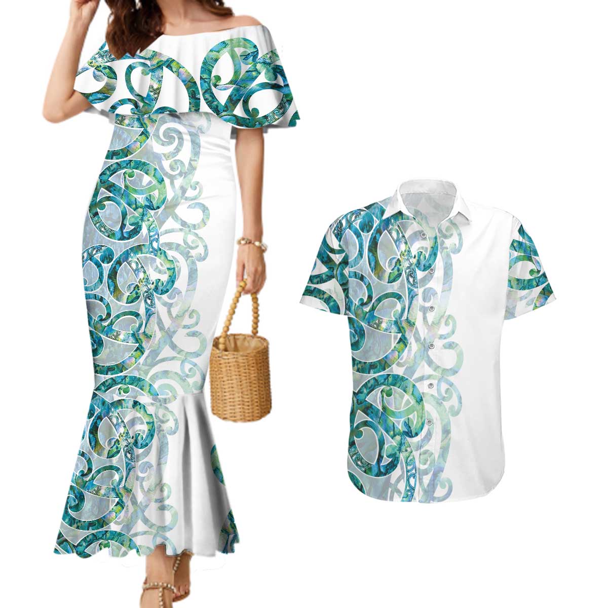 Paua Shell Maori Couples Matching Mermaid Dress and Hawaiian Shirt Koru Kowhaiwhai - Aussie Hoodie