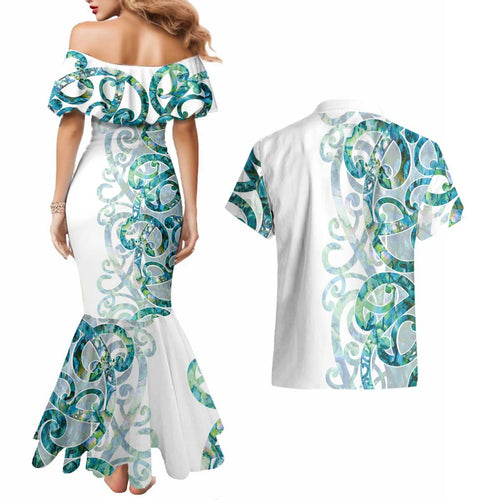 Paua Shell Maori Couples Matching Mermaid Dress and Hawaiian Shirt Koru Kowhaiwhai - Aussie Hoodie