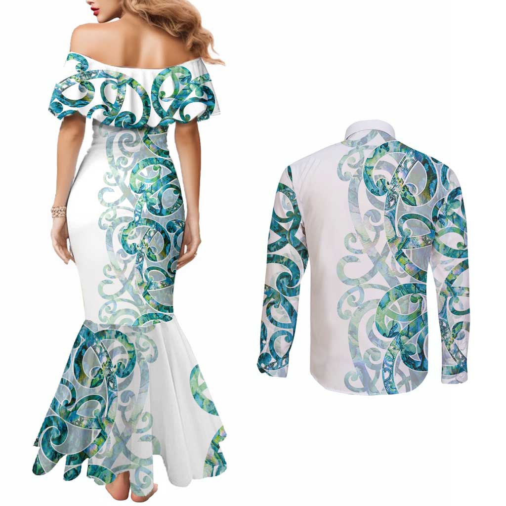 Paua Shell Maori Couples Matching Mermaid Dress and Long Sleeve Button Shirt Koru Kowhaiwhai - Aussie Hoodie