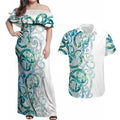 Paua Shell Maori Couples Matching Off Shoulder Maxi Dress and Hawaiian Shirt Koru Kowhaiwhai - Aussie Hoodie