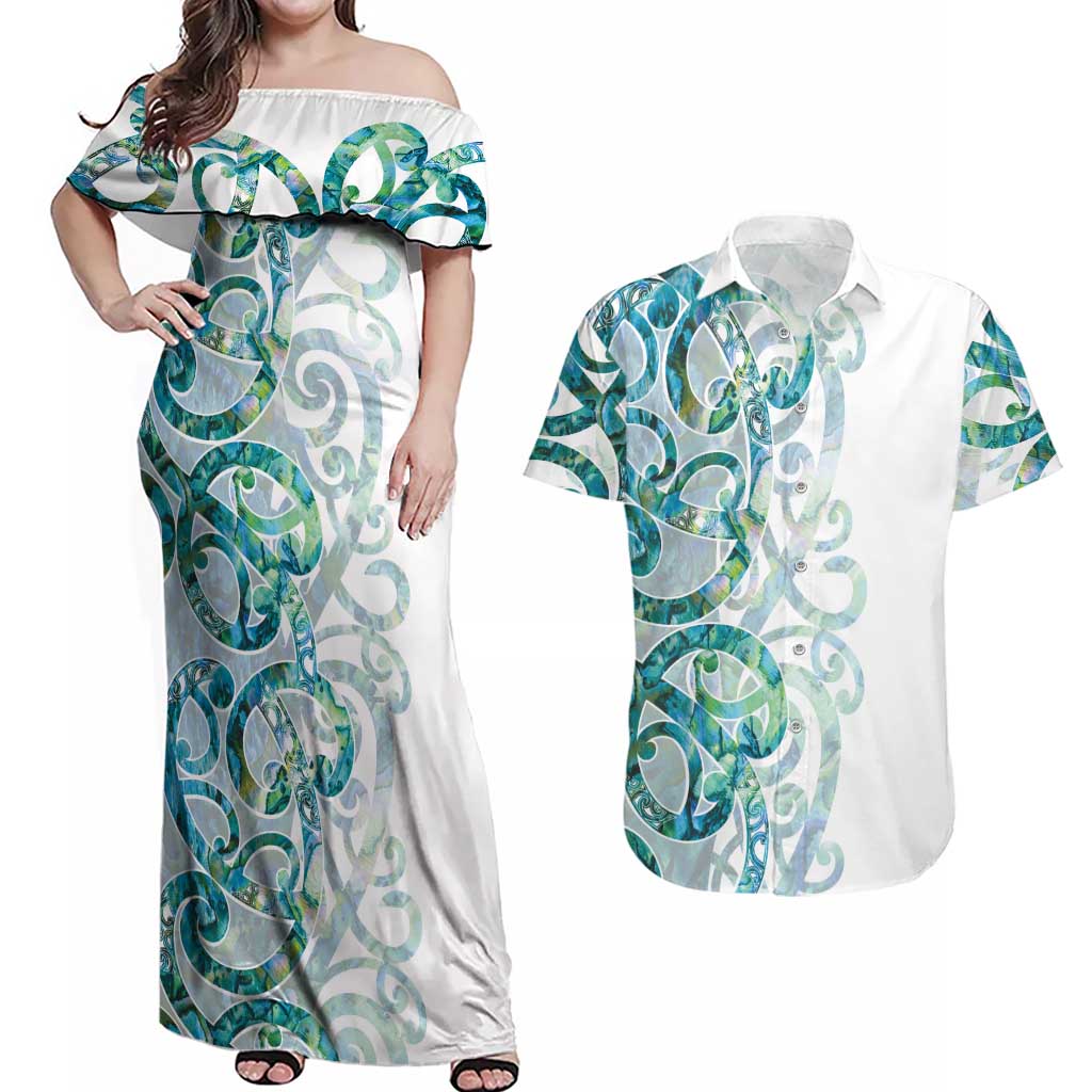 Paua Shell Maori Couples Matching Off Shoulder Maxi Dress and Hawaiian Shirt Koru Kowhaiwhai - Aussie Hoodie