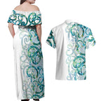Paua Shell Maori Couples Matching Off Shoulder Maxi Dress and Hawaiian Shirt Koru Kowhaiwhai - Aussie Hoodie