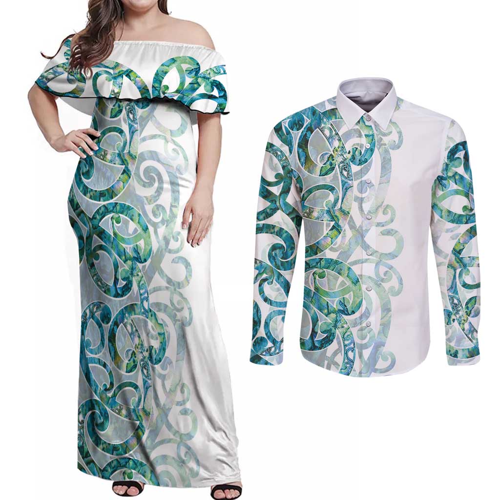 Paua Shell Maori Couples Matching Off Shoulder Maxi Dress and Long Sleeve Button Shirt Koru Kowhaiwhai - Aussie Hoodie