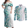 Paua Shell Maori Couples Matching Off Shoulder Maxi Dress and Long Sleeve Button Shirt Koru Kowhaiwhai - Aussie Hoodie