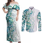 Paua Shell Maori Couples Matching Off Shoulder Maxi Dress and Long Sleeve Button Shirt Koru Kowhaiwhai - Aussie Hoodie
