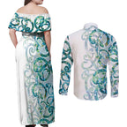 Paua Shell Maori Couples Matching Off Shoulder Maxi Dress and Long Sleeve Button Shirt Koru Kowhaiwhai - Aussie Hoodie