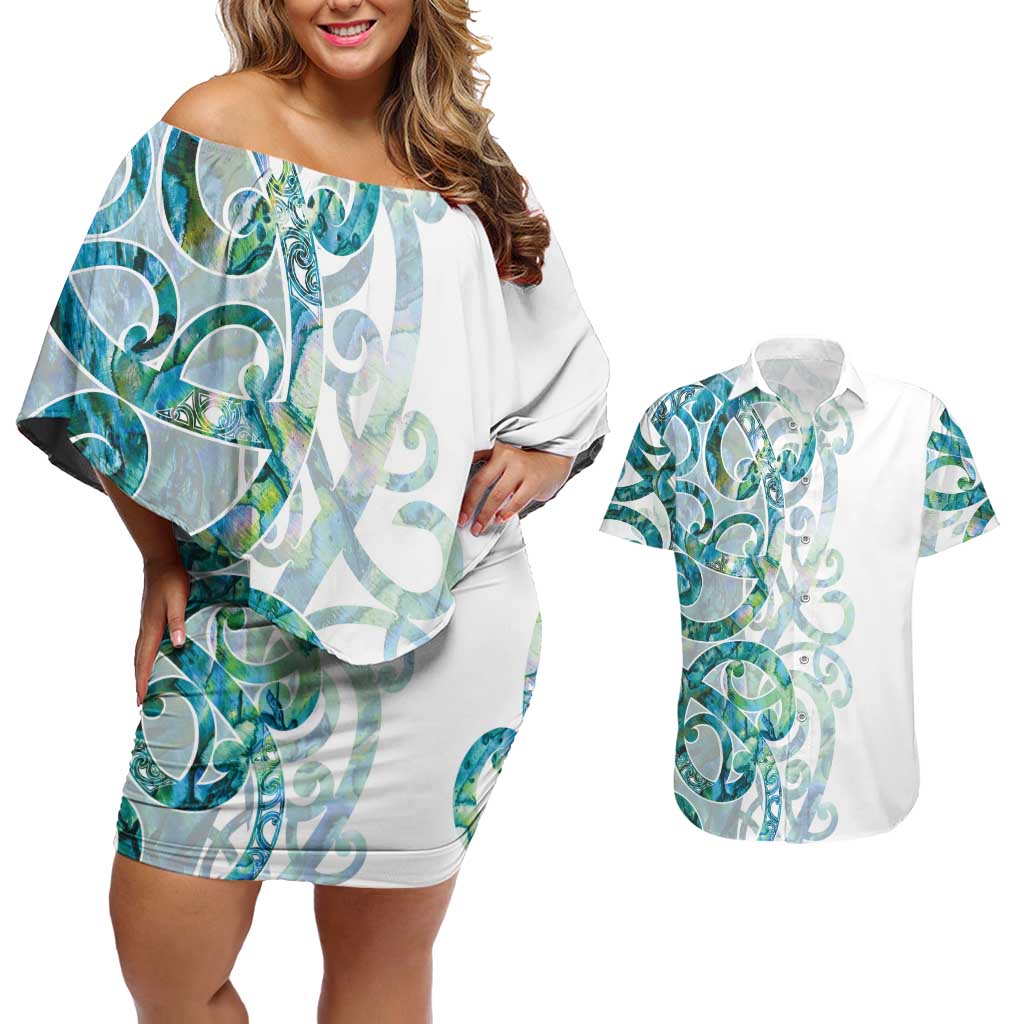 Paua Shell Maori Couples Matching Off Shoulder Short Dress and Hawaiian Shirt Koru Kowhaiwhai - Aussie Hoodie