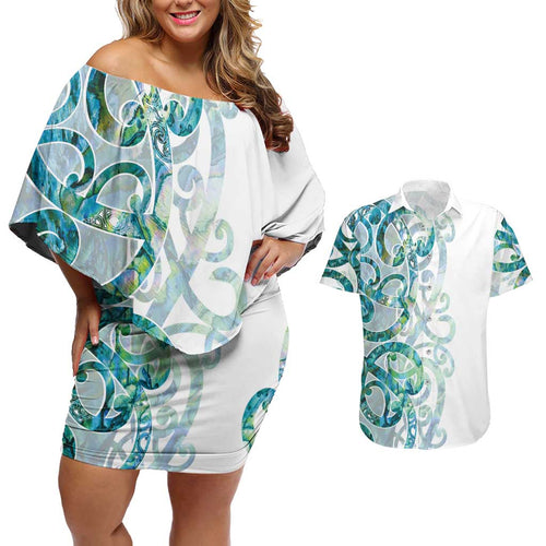 Paua Shell Maori Couples Matching Off Shoulder Short Dress and Hawaiian Shirt Koru Kowhaiwhai - Aussie Hoodie