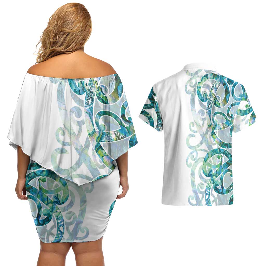 Paua Shell Maori Couples Matching Off Shoulder Short Dress and Hawaiian Shirt Koru Kowhaiwhai - Aussie Hoodie
