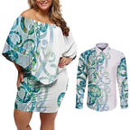 Paua Shell Maori Couples Matching Off Shoulder Short Dress and Long Sleeve Button Shirt Koru Kowhaiwhai - Aussie Hoodie