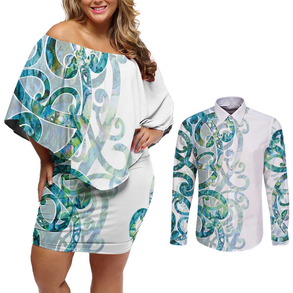 Paua Shell Maori Couples Matching Off Shoulder Short Dress and Long Sleeve Button Shirt Koru Kowhaiwhai - Aussie Hoodie