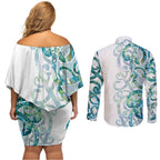 Paua Shell Maori Couples Matching Off Shoulder Short Dress and Long Sleeve Button Shirt Koru Kowhaiwhai - Aussie Hoodie